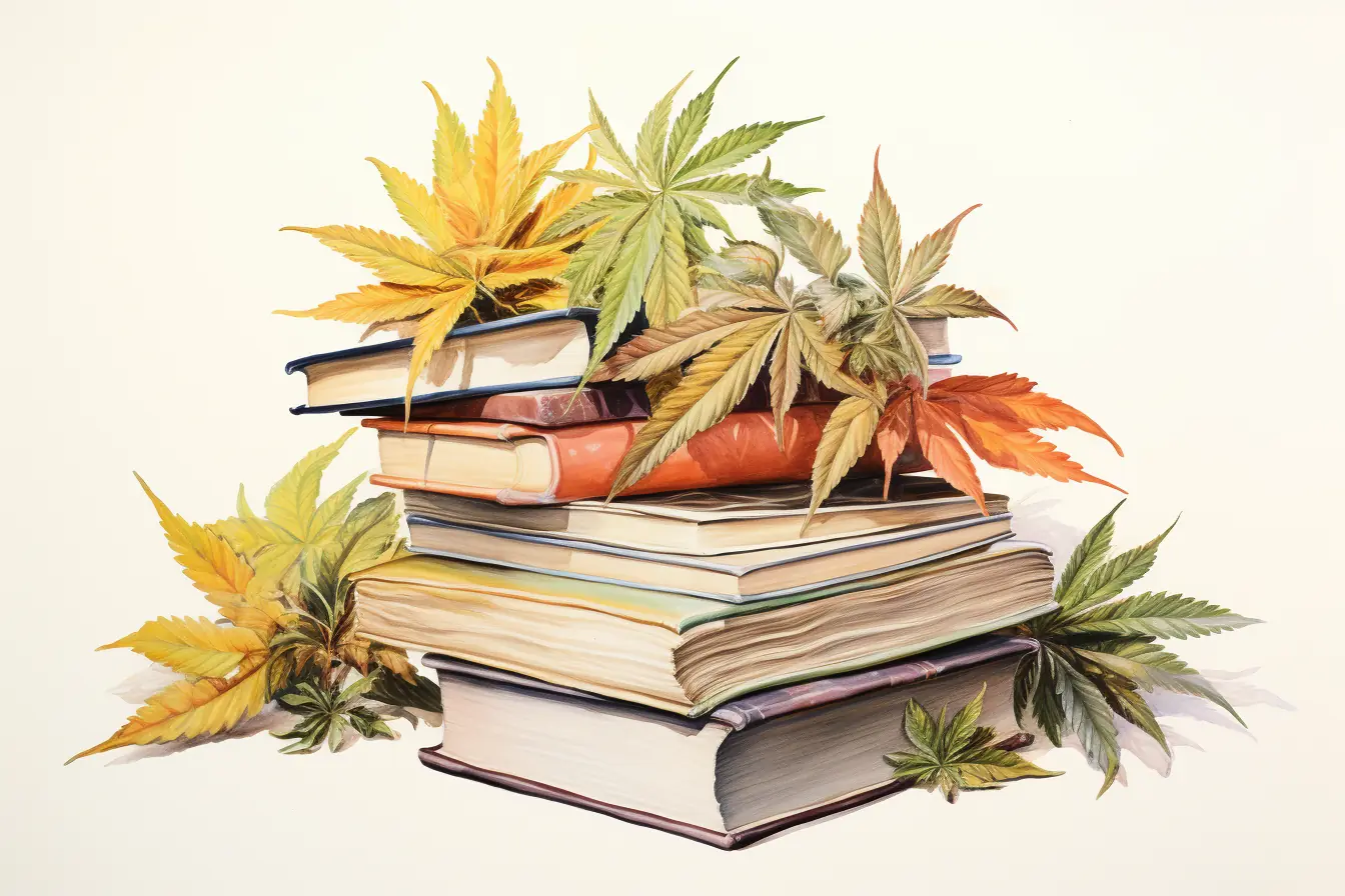 Bücher in einem Stapel, verschönert mit Cannabisblättern.